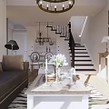 Elegant Living And Dining Room Interior With Brown Sofa Coffee Table Chandelier And Vase Flowers