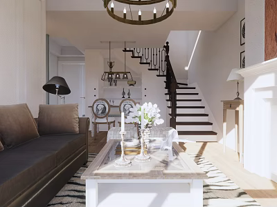 Elegant Living And Dining Room Interior With Brown Sofa Coffee Table Chandelier And Vase Flowers 3d model