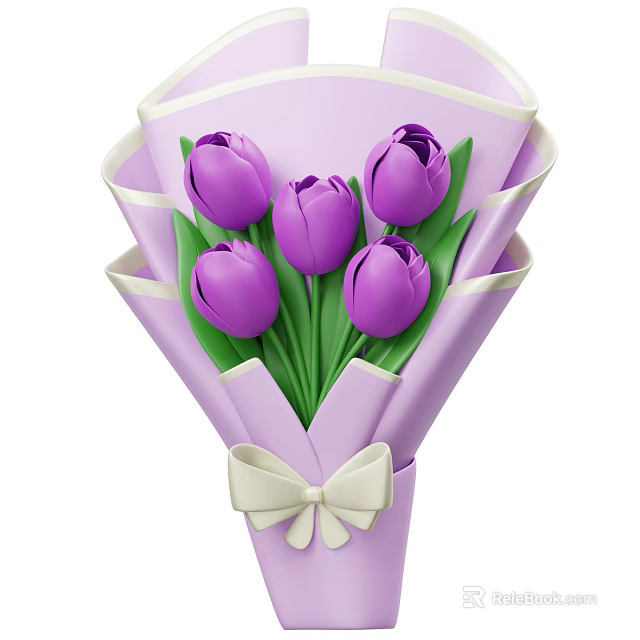Purple Tulips Bouquet with Light Purple Wrapping Paper and White Bow 3d model 