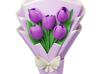 Purple Tulips Bouquet with Light Purple Wrapping Paper and White Bow 3d model