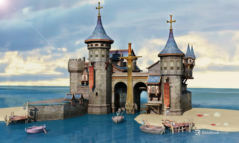Cartoon Scene of Castle with Tall Spires Crosses on Water and Small Boats 3d model 