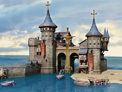 Cartoon Scene of Castle with Tall Spires Crosses on Water and Small Boats 3d model
