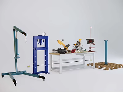 Industrial Equipment Setup Featuring Blue Hydraulic Jack Yellow Robotic Arm Workbench Tools And Column 3d model