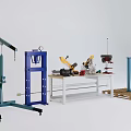 Industrial Equipment Setup Featuring Blue Hydraulic Jack Yellow Robotic Arm Workbench Tools And Column