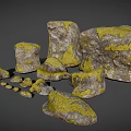 Natural Stones And Wood Pieces With Yellow Moss In Various Sizes