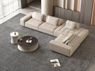 Modern Living Room Interior With Beige L shaped Sofa Gray Rug Round Coffee Table And Magazines 3d model