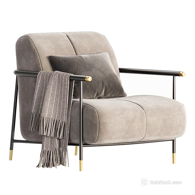 Light Gray Modern Armchair With Black Metal Armrests Gold Legs Gray Cushion And Striped Blanket 3d model 