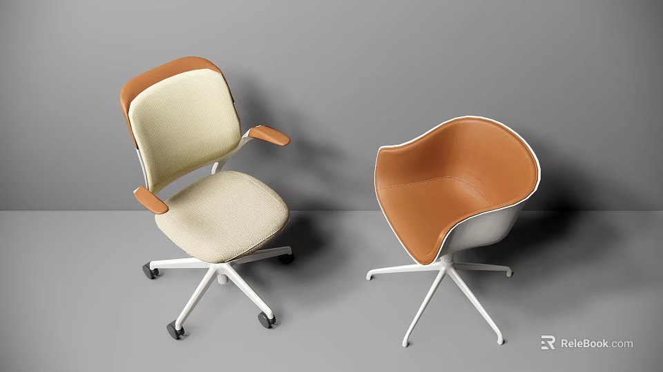 Modern Beige Brown Fabric Leather Accent Chairs with Armrests Curved Back and Metal Bases 3d model 