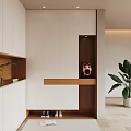 Modern Entryway Interior Design With White Cabinets Wooden Accents Storage Shoes And Green Plant