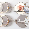 Chinese Circular Wall Decor Featuring Landscape Maple Tree Pagoda and Birds 3d model