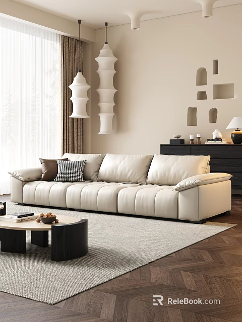 Modern Cream Leather Sofa With Cushions And Black Wooden Coffee Table Set 3d model 