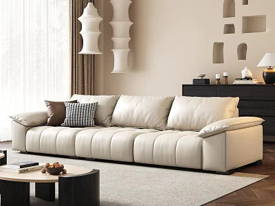 Modern Cream Leather Sofa With Cushions And Black Wooden Coffee Table Set 3d model