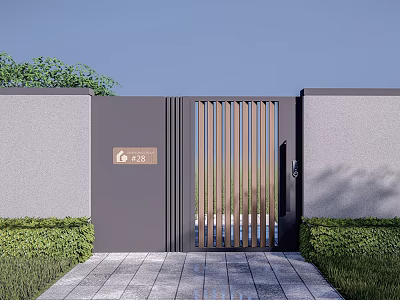 Modern Slatted Entry Gate With Gray Wall Green Shrubs Stone Pathway And House Number 3d model