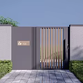 Modern Slatted Entry Gate With Gray Wall Green Shrubs Stone Pathway And House Number