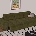 Green velvet multi-seater sofa with tufted design and throw pillows in modern living room