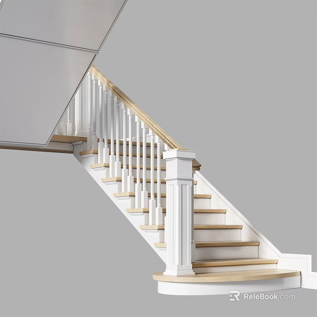 Modern Staircase With White Handrail Balusters And Wooden Steps Design 3d model 