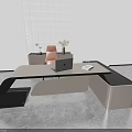 Modern Office Desk With Unique Black And Beige Design Laptop Documents And Orange Chair