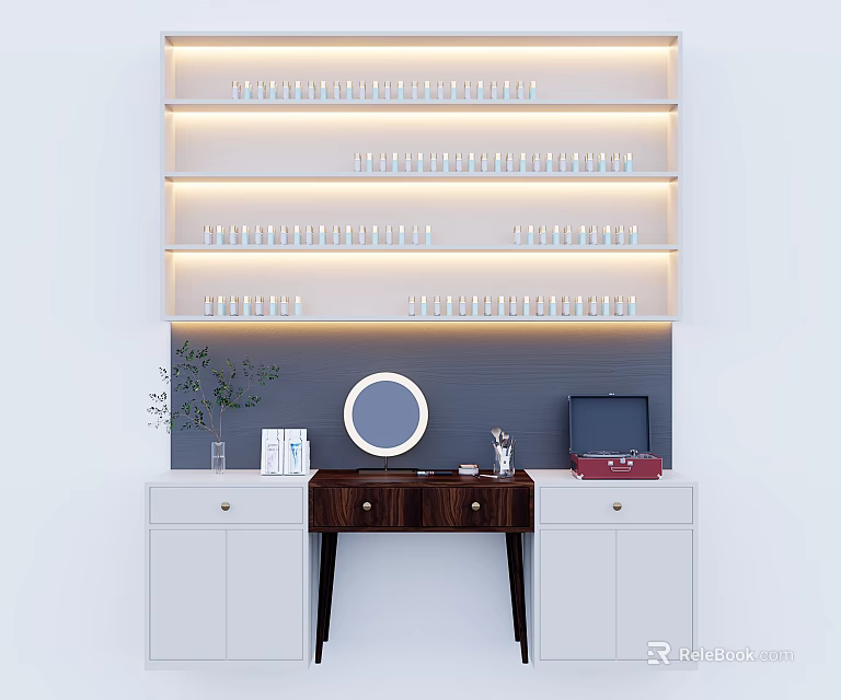 Modern White Jewelry Cabinet With Illuminated Shelves Round Mirror Dresser Table And Potted Plant 3d model 
