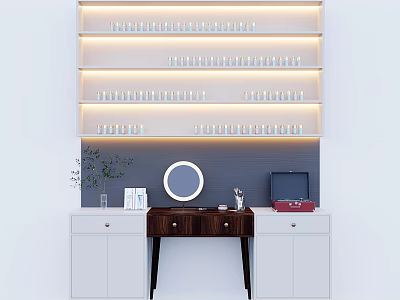 Modern White Jewelry Cabinet With Illuminated Shelves Round Mirror Dresser Table And Potted Plant 3d model