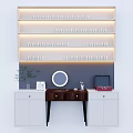 Modern White Jewelry Cabinet With Illuminated Shelves Round Mirror Dresser Table And Potted Plant