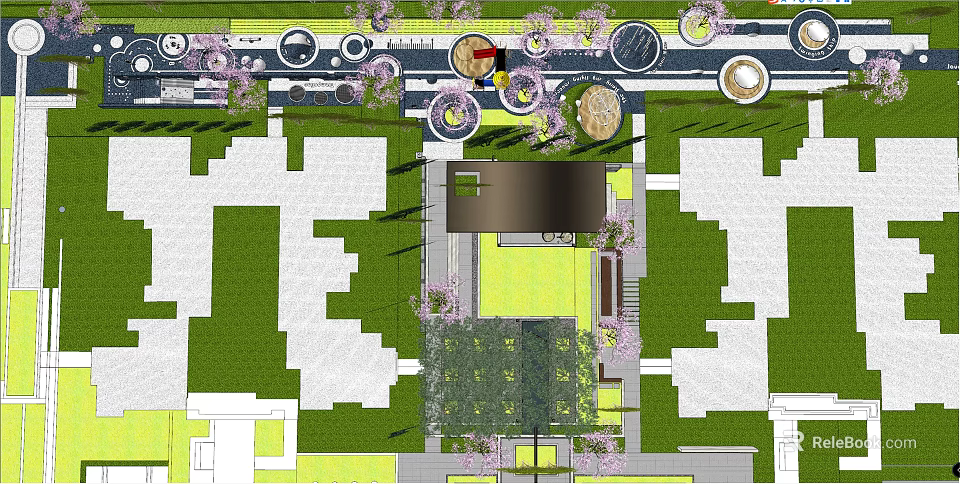 Top View Garden Landscape Design With Green Lawn Circular Elements And Trees 3d model 