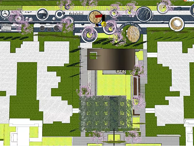 Top View Garden Landscape Design With Green Lawn Circular Elements And Trees 3d model