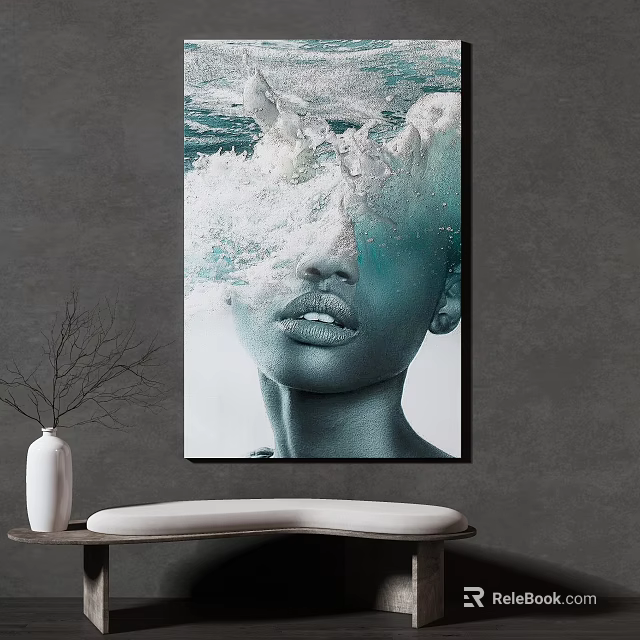 Abstract Blue Female Face Wall Art On Gray Wall With White Vase And Bench 3d model 