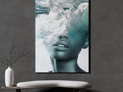 Abstract Blue Female Face Wall Art On Gray Wall With White Vase And Bench 3d model