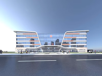 Modern Hospital Building Exterior With Glass Curtain Walls And Multi Story Structure Design 3d model