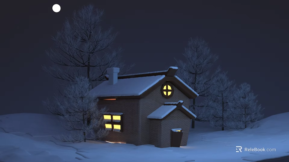 Cartoon Scene of Snowy Night with Full Moon Lit House and Snow Covered Trees 3d model 