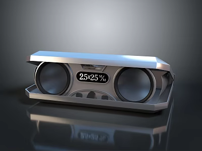 Modern Silver Speaker Device With Dual Round Speakers Digital Display And 2525 Readout 3d model