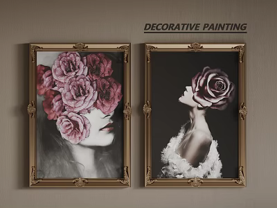 Decorative Portrait Paintings with Golden Frames Roses and Human Faces on Dark Background 3d model