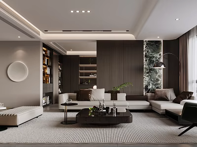 Modern Living Dining Room Interior With Sofa Coffee Table Rug And Circular Wall Decor 3d model