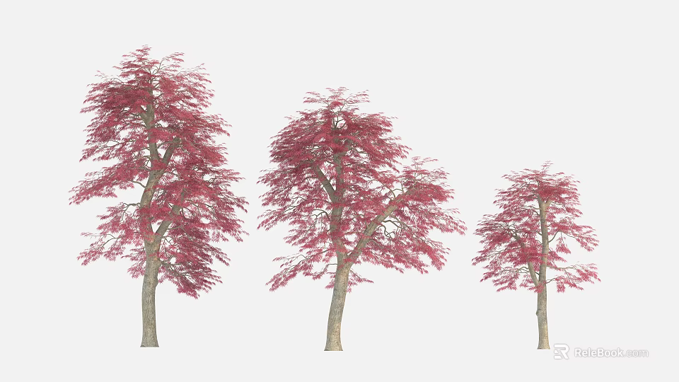 Three Trees With Straight Trunks And Umbrella Shaped Canopies Pink Leaves 3d model 
