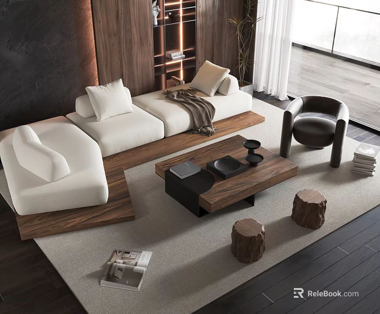 Modern White Sofa Coffee Table Set With Black Chair Wooden Stools And Area Rug 3d model 
