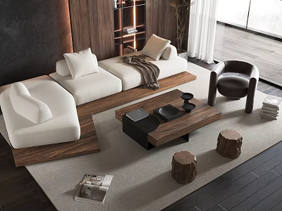 Modern White Sofa Coffee Table Set With Black Chair Wooden Stools And Area Rug 3d model