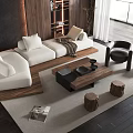 Modern White Sofa Coffee Table Set With Black Chair Wooden Stools And Area Rug