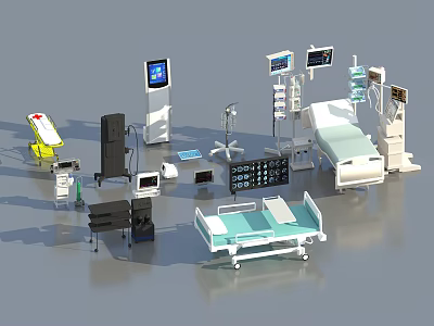 Modern Medical Devices Including Hospital Beds Monitoring Displays And Mobile Carts 3d model