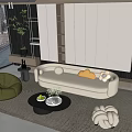 Modern Sofa And Coffee Table Set With Green Armchair Floor Lamp Potted Plant And Rug