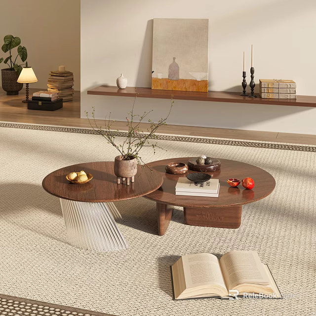 Walnut Wood Coffee Table Set With Potted Plant Open Book And Decorative Items On Rug 3d model 