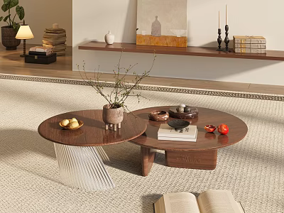 Walnut Wood Coffee Table Set With Potted Plant Open Book And Decorative Items On Rug 3d model