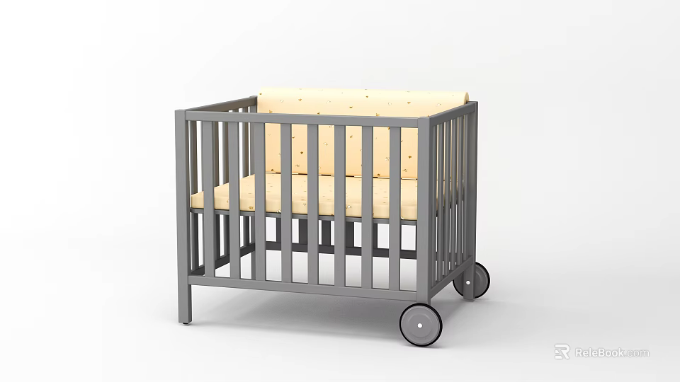 Modern Gray Frame Baby Crib with Beige Mattress and Rolling Wheels Design 3d model 