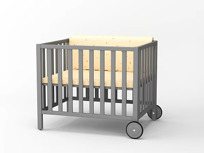 Modern Gray Frame Baby Crib with Beige Mattress and Rolling Wheels Design 3d model