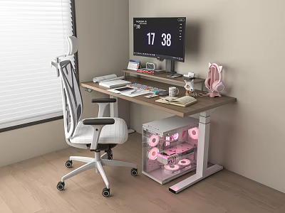 Home Office Modern Desk Setup With Ergonomic Chair Monitor Transparent PC Case Pink Lighting 3d model