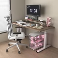 Home Office Modern Desk Setup With Ergonomic Chair Monitor Transparent PC Case Pink Lighting
