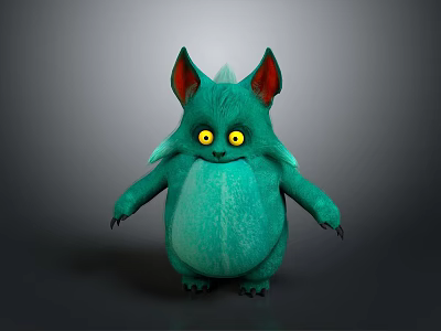 Green Reptile Character With Yellow Eyes Red Ears And Fluffy Body On Gray Background 3d model