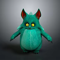 Green Reptile Character With Yellow Eyes Red Ears And Fluffy Body On Gray Background