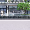 Modern Commercial Street With Stylish Architecture Green Trees And Pedestrians Walking