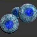 Bioluminescent Blue Mushrooms with Ruffled Edges Deep Blue Centers and Shiny Reflections on Dark Background