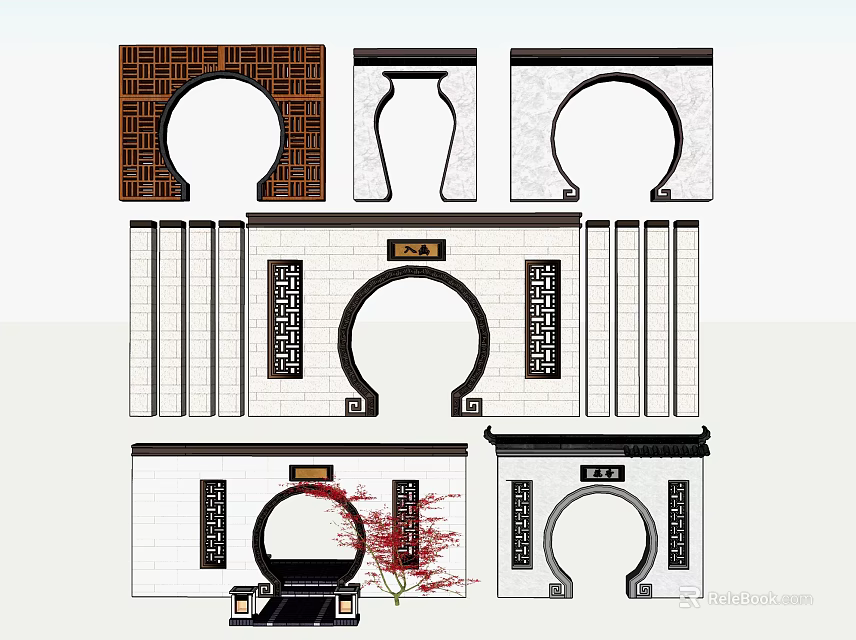 Traditional Chinese Scenic Wall Design With Circular Archway Brick Inscriptions And Red Maple Plant 3d model 